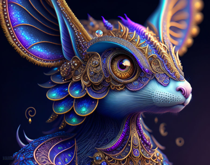 Ornate gold and blue filigree cat with gemstones and wings