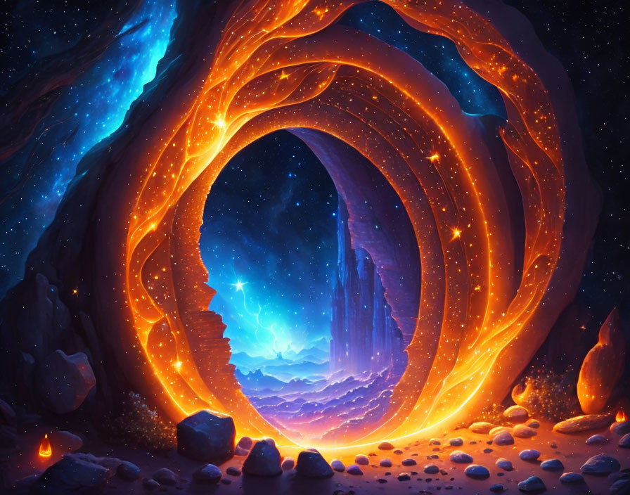 Digital Artwork: Fiery Orange Portal, Starry Night Sky, Mountains & Comet