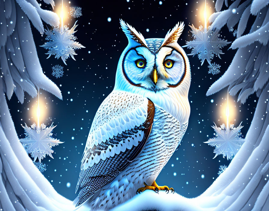 Snowy Owl in Snowy Forest Night Sky Scene