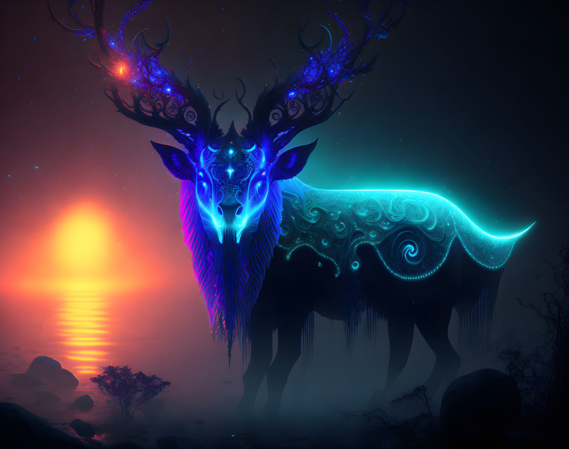 Mystical stag with glowing antlers at sunset in blue and orange palette