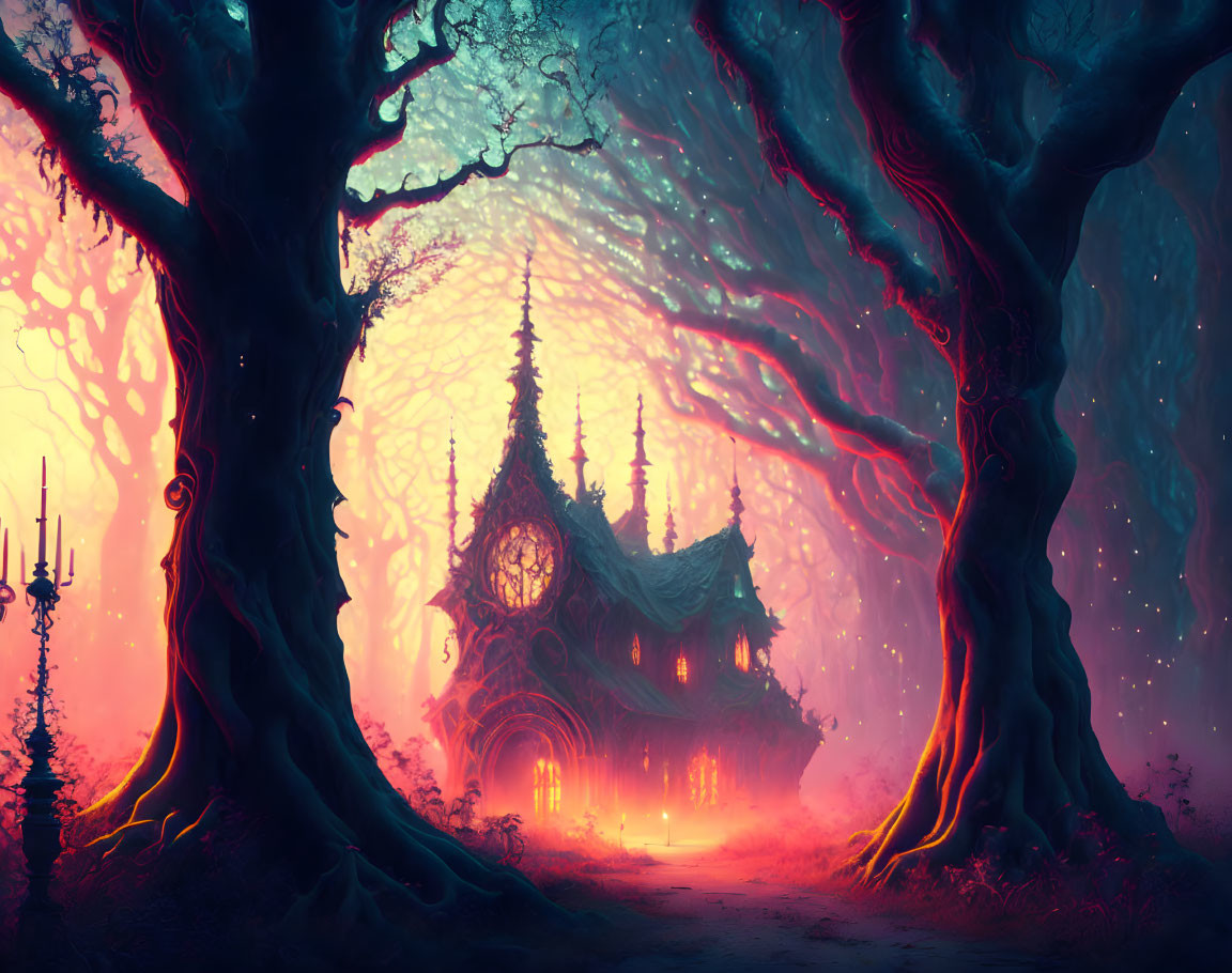 Twilight forest scene with eerie trees and illuminated gothic structure