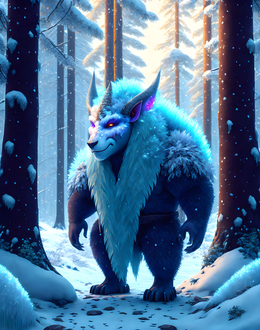 Blue-Furred Creature with Horns in Snowy Forest