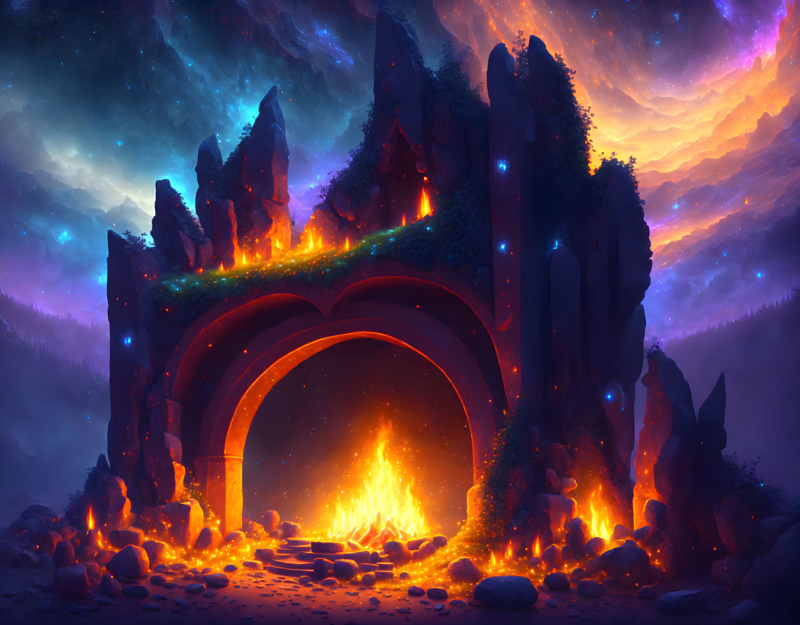 Fantasy landscape with bonfire, starry sky, rocky arch, and glowing crystals