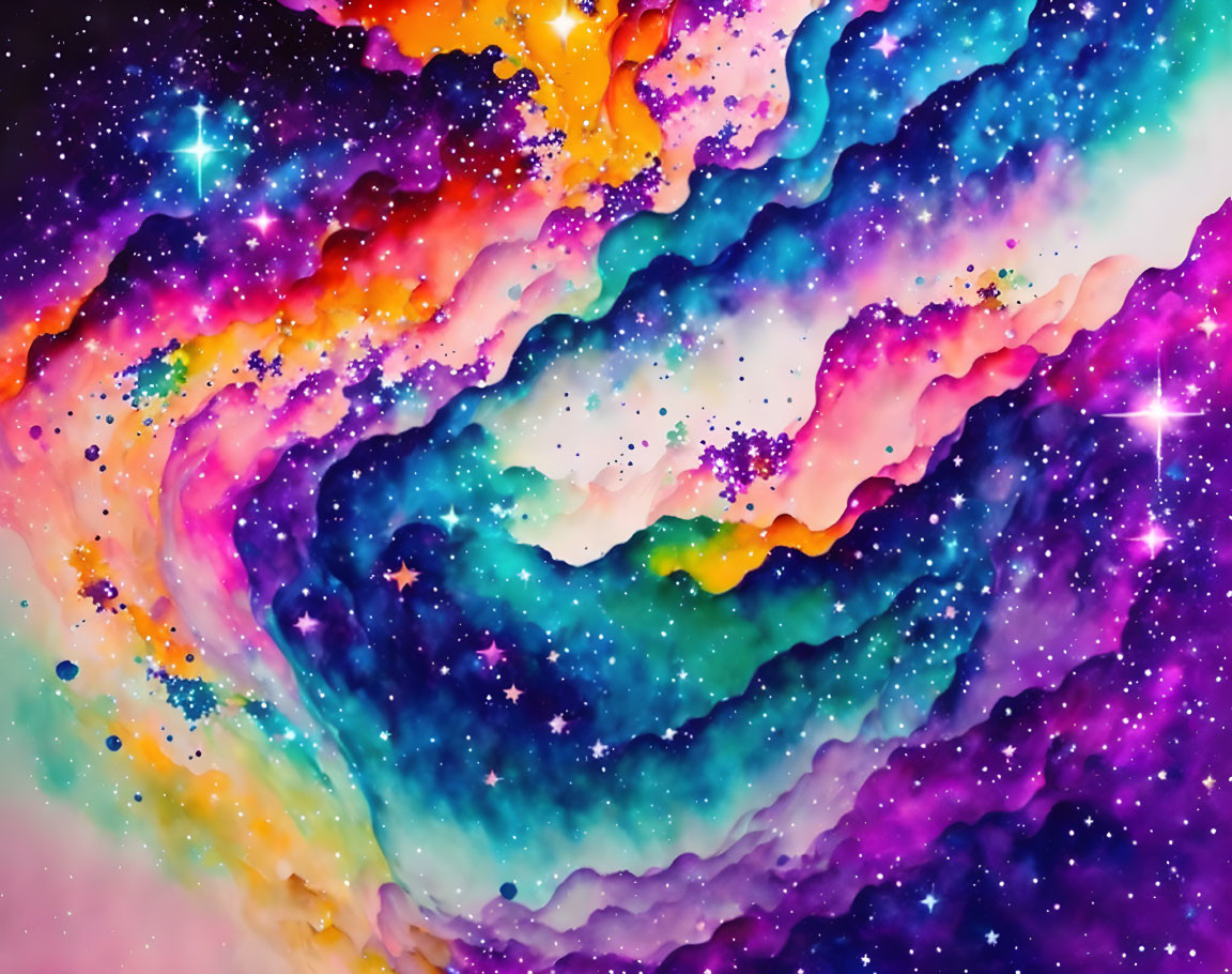 Colorful cosmic image with swirling blue, purple, pink, and orange patterns.