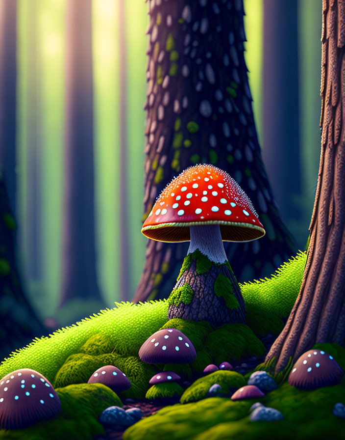 Vibrant red mushroom with white spots in lush green forest