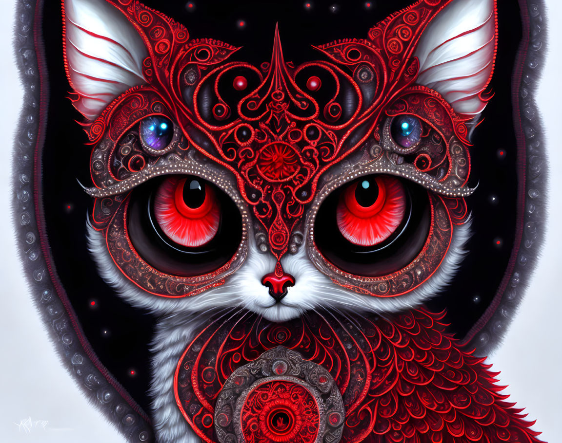 Detailed Stylized Red and Black Cat Illustration with Cosmic Background