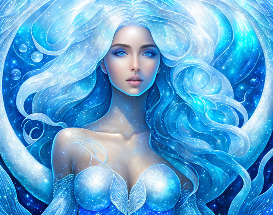 Portrait of a woman with flowing blue hair in mystical underwater setting