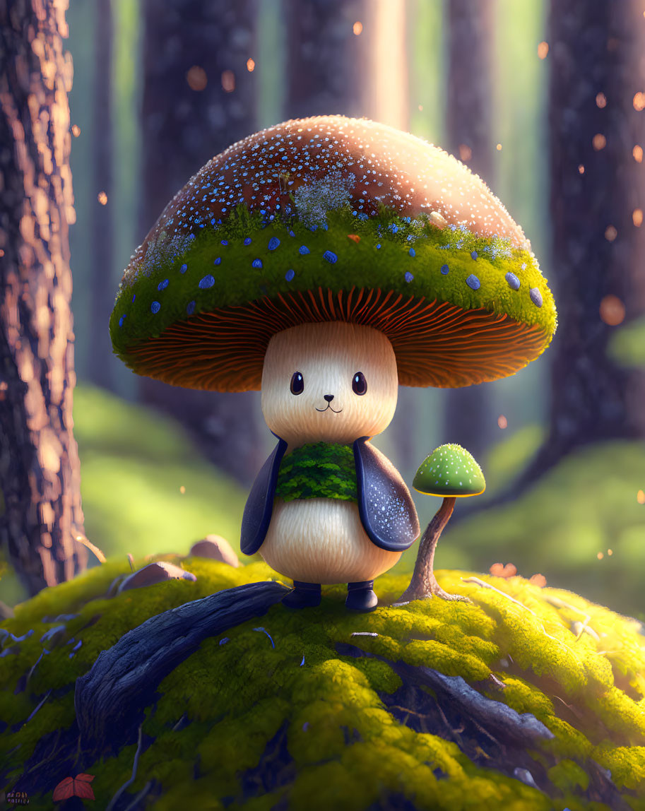 Whimsical digital illustration of anthropomorphic mushroom in sunlit forest