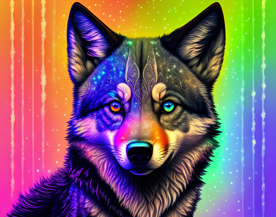Colorful digital art of wolf face with intricate patterns on rainbow backdrop