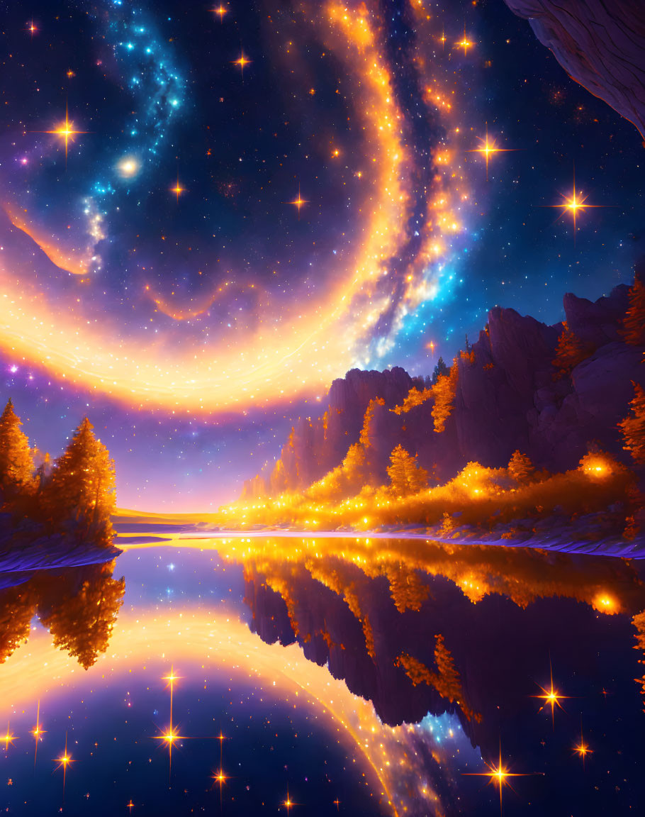 Tranquil lakeside at dusk with star-filled sky and galaxy reflection