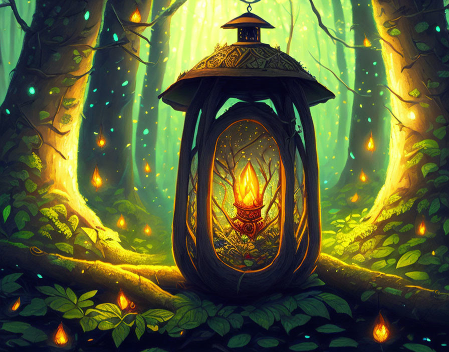 Enchanted lantern glowing in mystical forest with lush greenery
