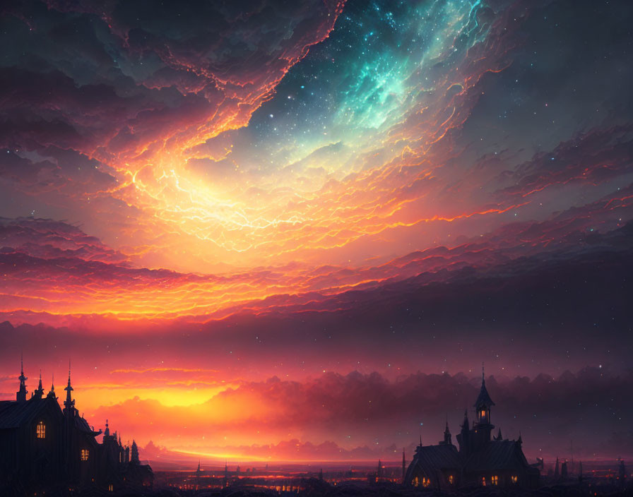 Fantastical skyline artwork with warm and cool colors and cosmic event above gothic architecture