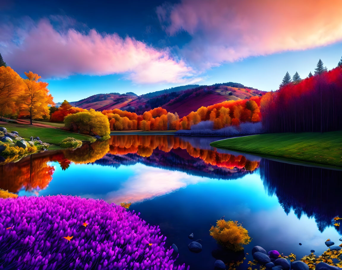 Colorful Trees Reflecting in Still Lake at Dawn or Dusk