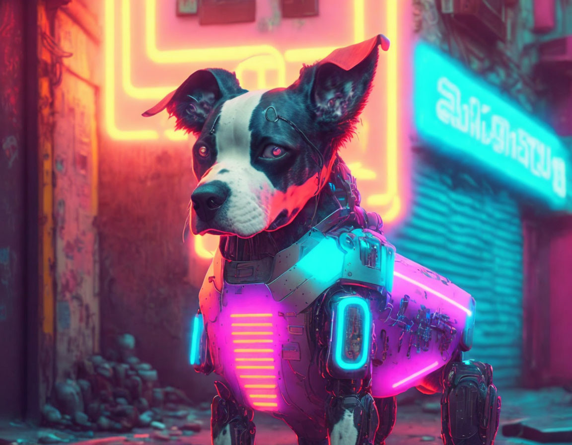 Futuristic robotic dog with realistic canine head in neon-lit urban alleyway