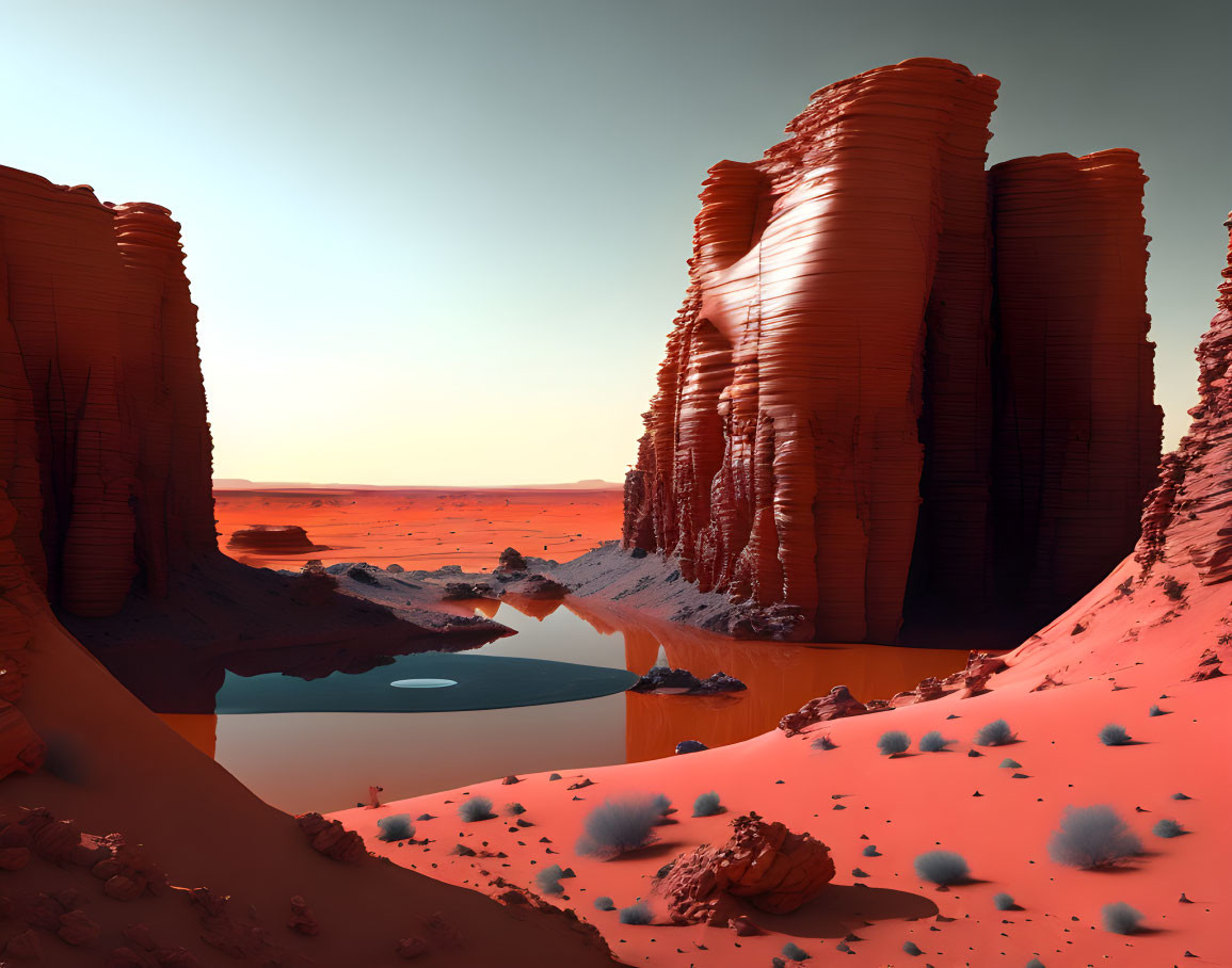 Martian landscape: Red rock formations, blue lake, plants, reddish sands, clear sky