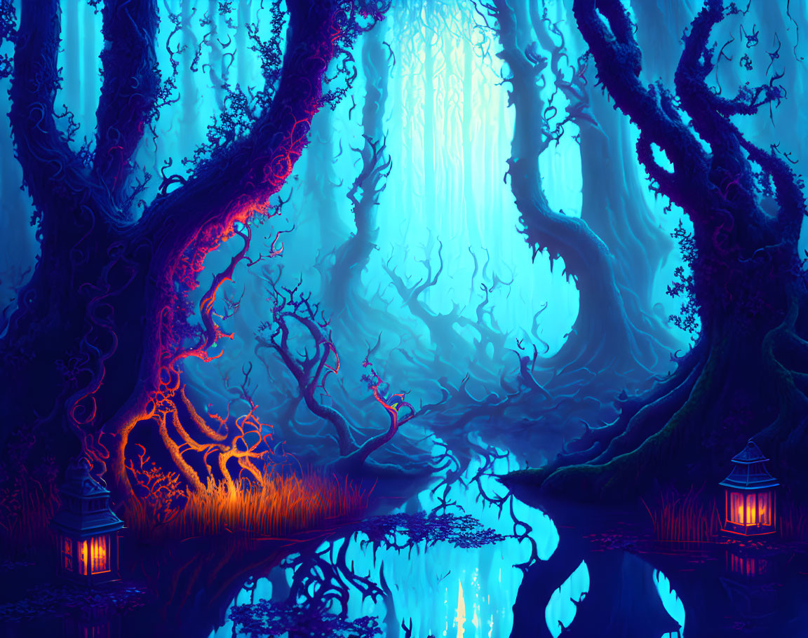 Enchanting Blue Forest with Ancient Trees and Glowing Vegetation