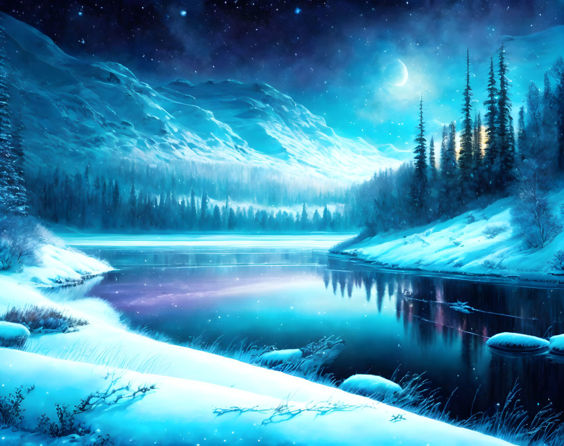 Snow-covered winter night landscape with frozen lake, mountains, crescent moon