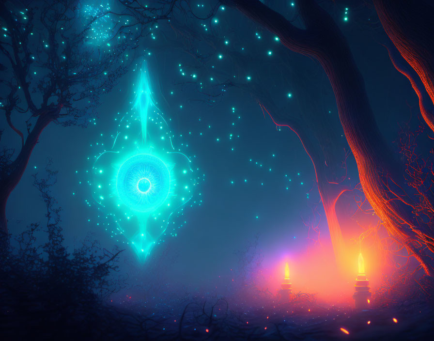 Enchanting night scene in mystical forest with glowing eye symbol and lanterns