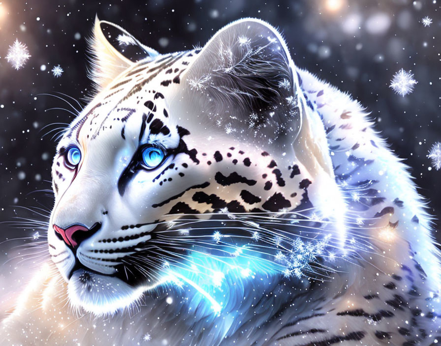 White Leopard with Blue Eyes and Sparkling Blue Accents on Snowflake Night Sky