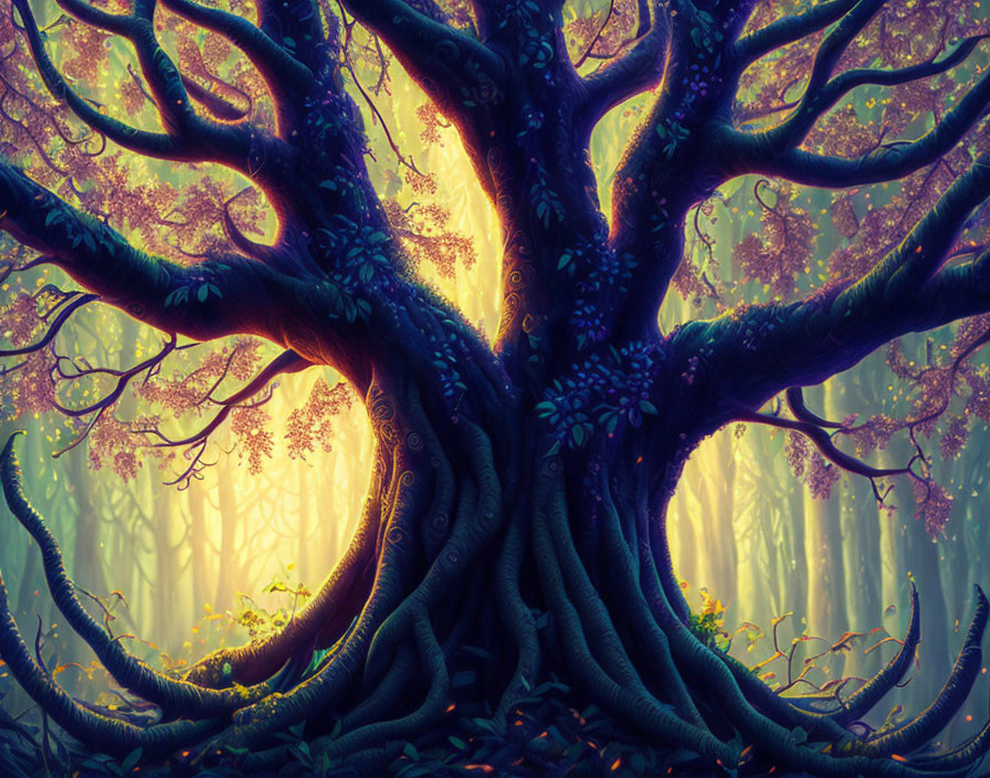 Majestic tree in ethereal forest with purple foliage and golden sunlight