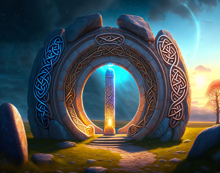 Mystical Stone Portal with Glowing Celtic Patterns in Enchanting Night Landscape