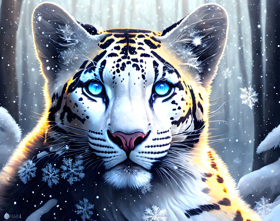 Vivid Snow Leopard Illustration with Blue Eyes in Falling Snowflakes
