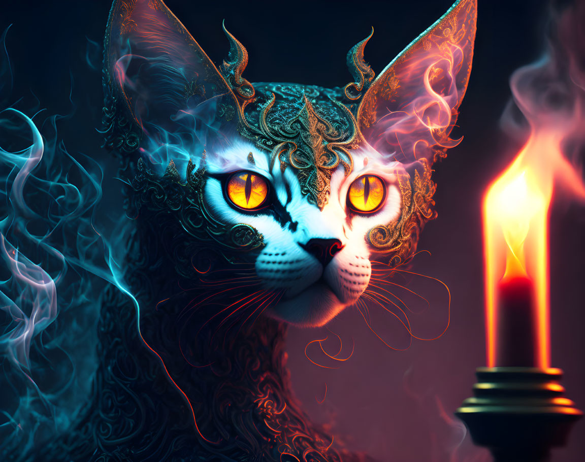 Mystical cat with glowing eyes and ornate headpiece beside candle and blue smoke