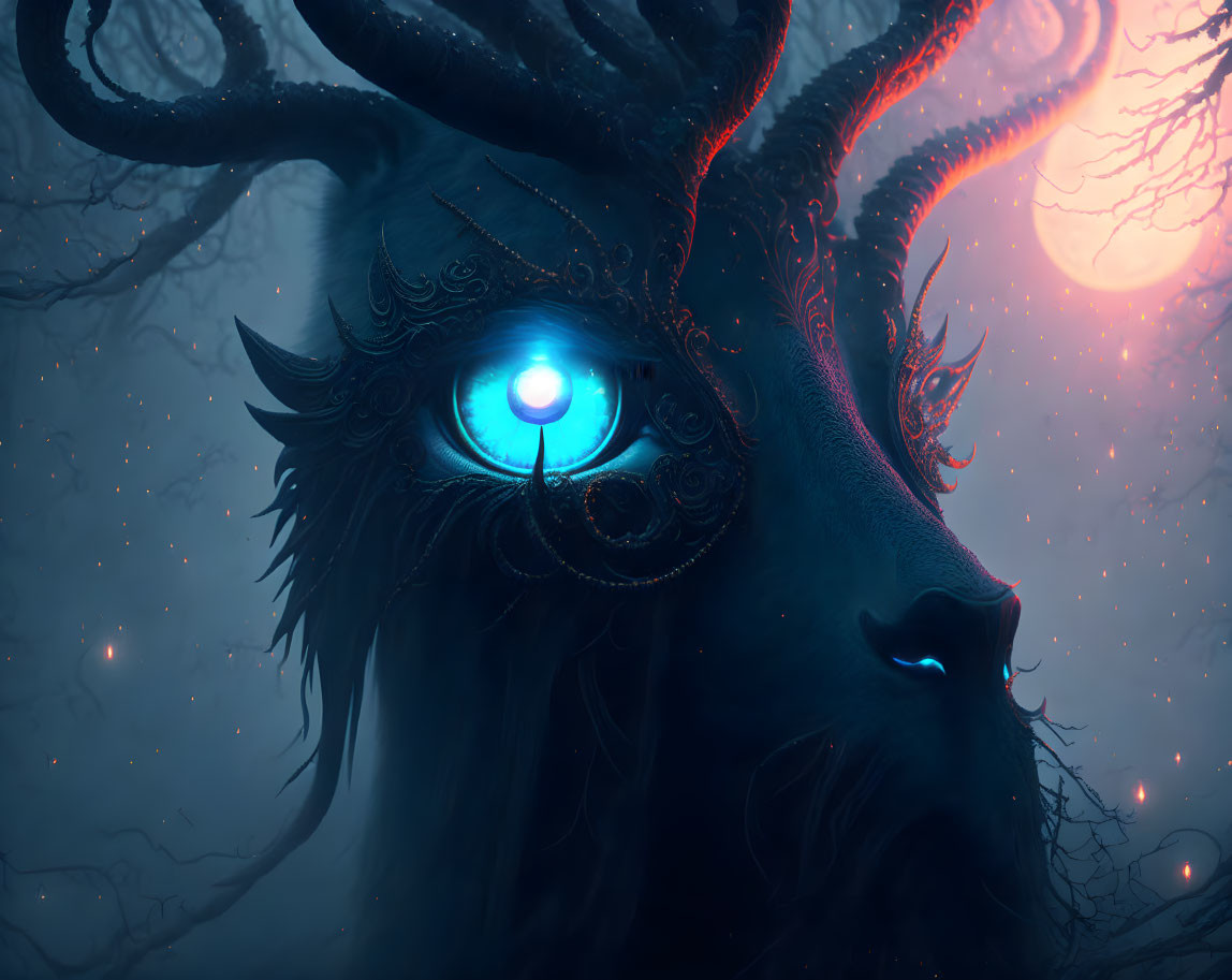 Mystical creature with blue eye, ornate mask, and horns in dreamy forest