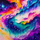 Colorful cosmic image with swirling blue, purple, pink, and orange patterns.