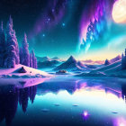 Scenic nightscape with purple aurora over snowy mountains, lake, pine trees, and moon.