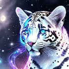 Snow leopard digital art: Blue-eyed feline with neon highlights on starry night sky.