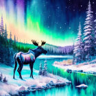 Moose in Snowy Riverbank Night Scene