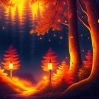 Enchanting forest with towering trees and floating lanterns