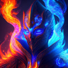 Colorful artwork featuring figure with blue and red mask, flames, and mist