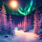 Majestic aurora borealis over snowy winter forest