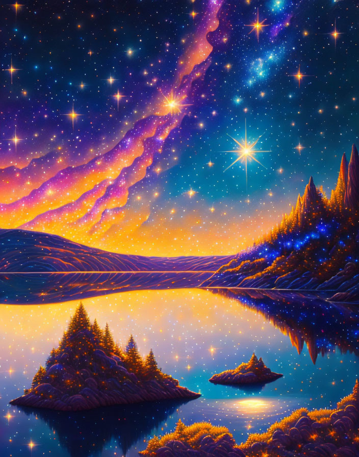 Starry night sky over serene lake with colorful nebula