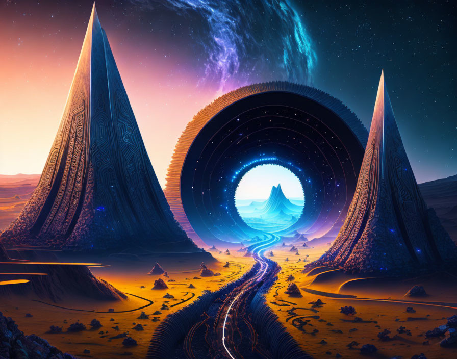 Futuristic landscape with monumental structures and galaxy above desert terrain