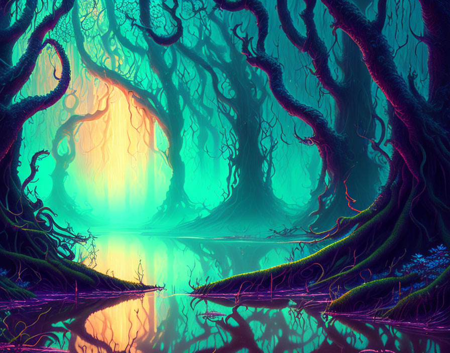Twisted ancient trees in mystical forest by serene glowing lake