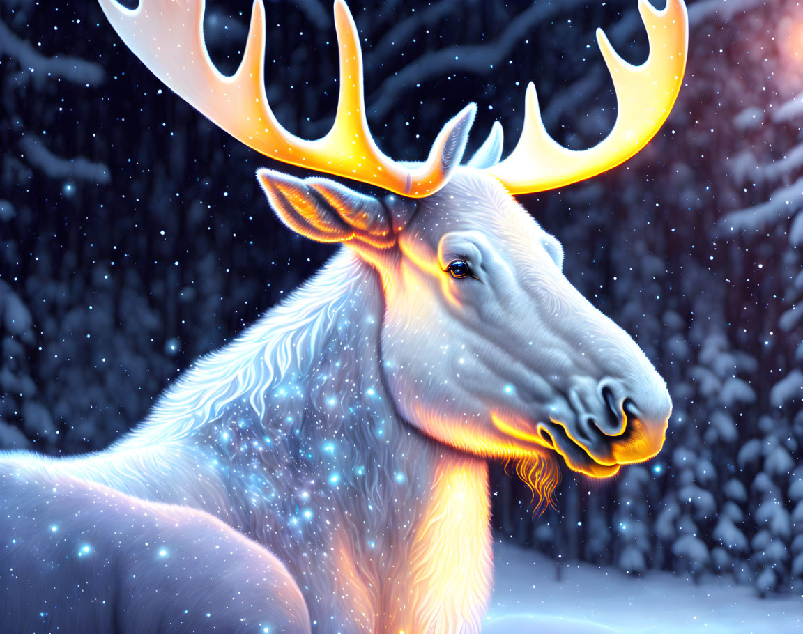 Majestic white deer with glowing antlers in snow-covered forest