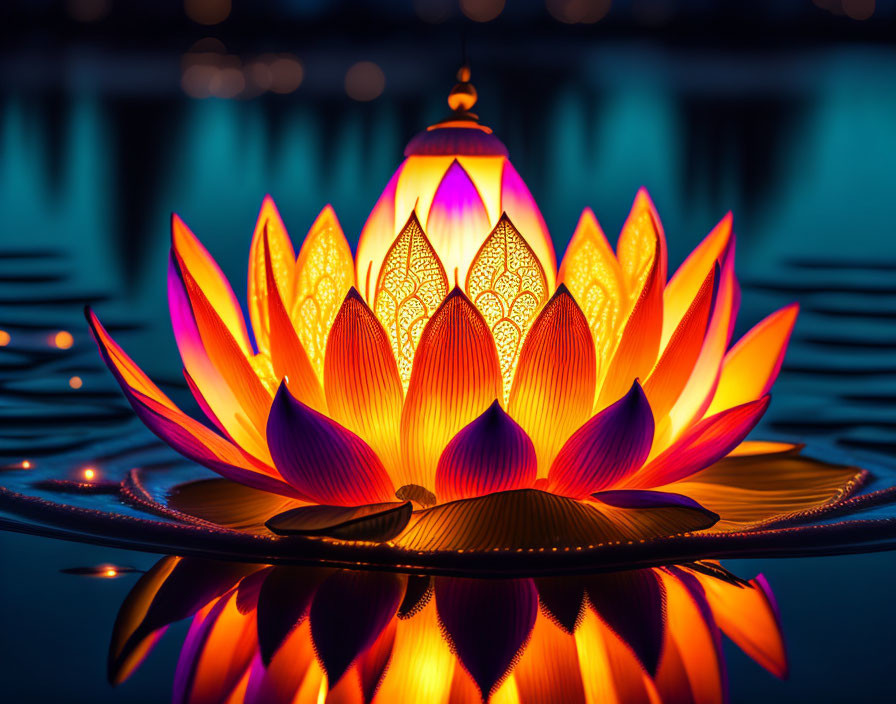 Lotus-shaped lantern floating on water with warm glow and symmetrical reflection