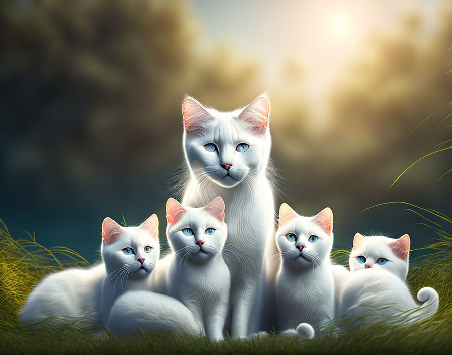 Five White Cats with Varied Eye Colors in Sunlit Field