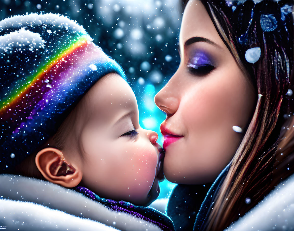 Mother kissing baby in snow with colorful hats