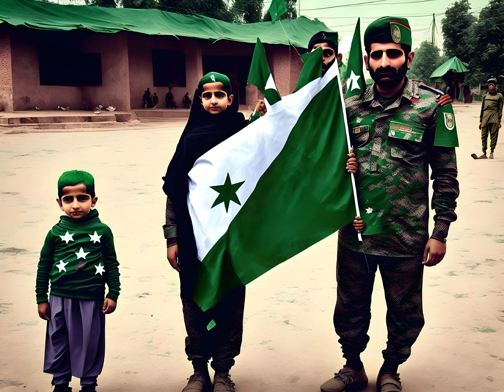Group of uniformed individuals with child holding Pakistan flag in patriotic setting