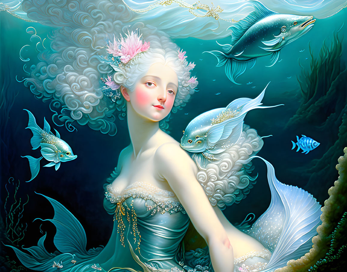 Ethereal underwater scene with woman, floral headpiece, fish, and water swirls