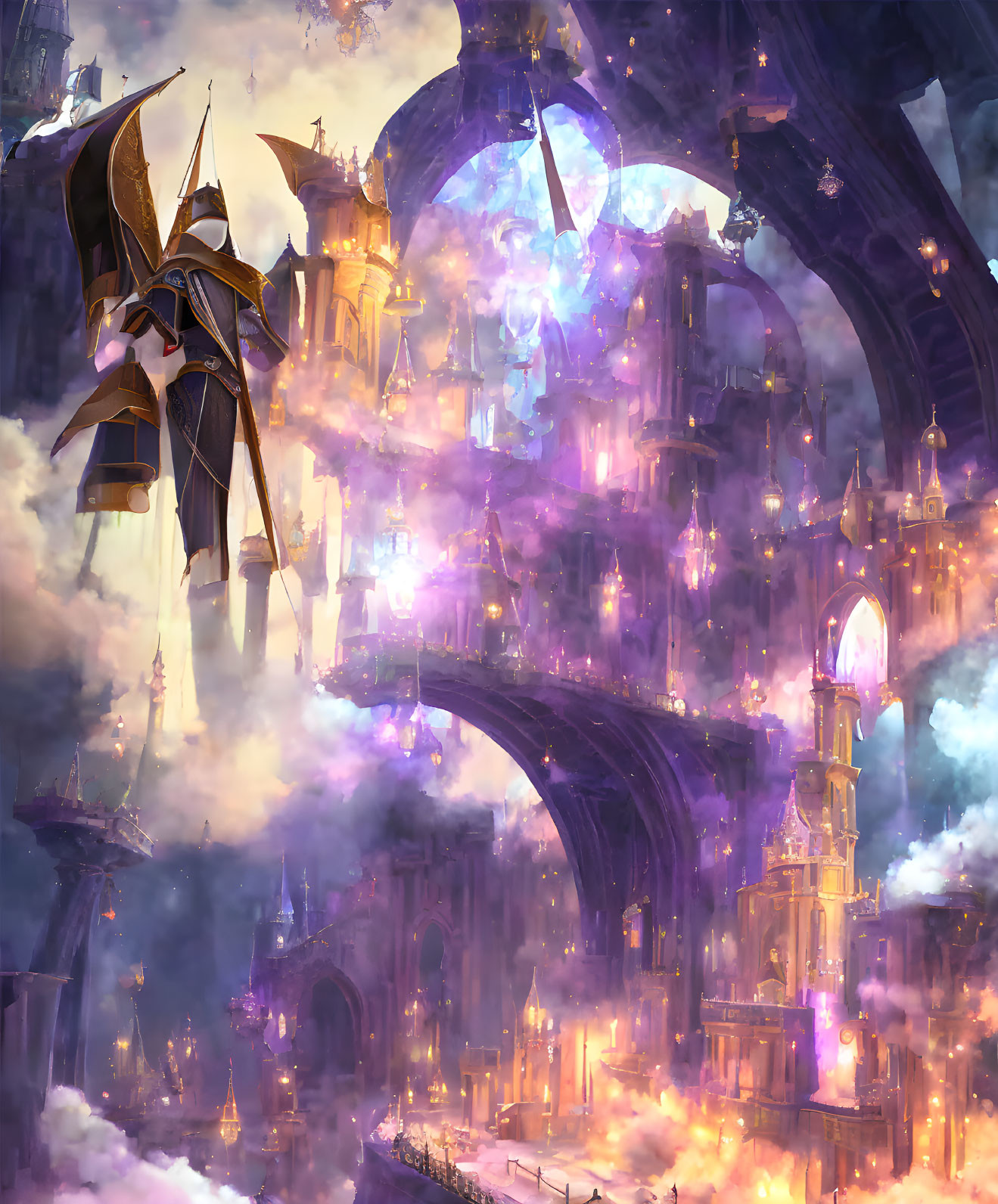 Fantastical cityscape with glowing purple hues and illuminated spires featuring a sailing ship in the sky