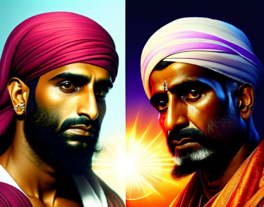 Two men with traditional turbans and beards, one purple and one white, gazing intensely with