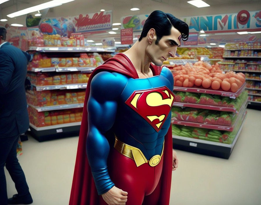Person in Superman Costume in Supermarket Aisle with Fresh Produce