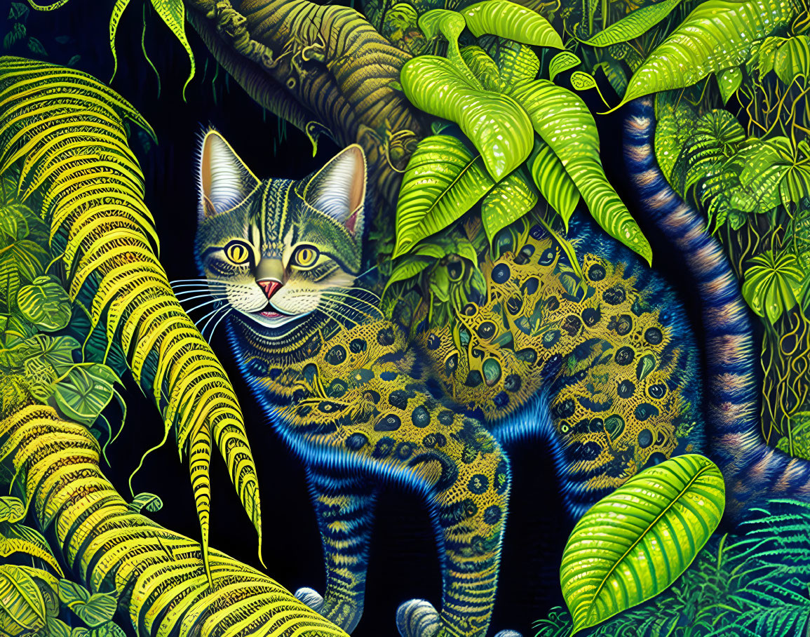 Digital artwork: House cat fused with jungle foliage in vibrant yellow-green tones.