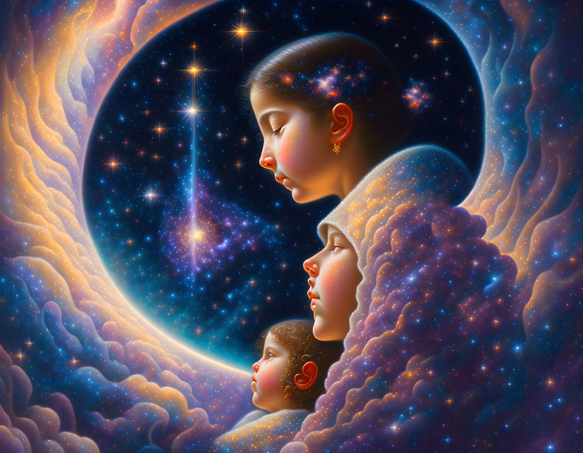Surreal cosmic illustration: Three age profiles against starry backdrop