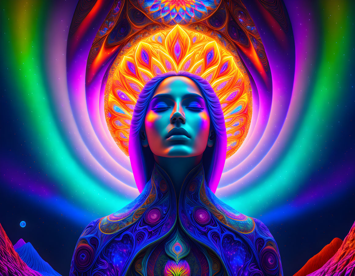 Colorful digital artwork of figure with intricate patterns on cosmic backdrop